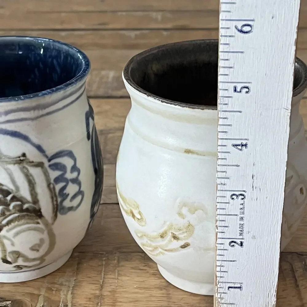 Japanese Okinawan Tsuboya-yaki Studio Pottery Cups Yunomi Fish & Rabbit Motif